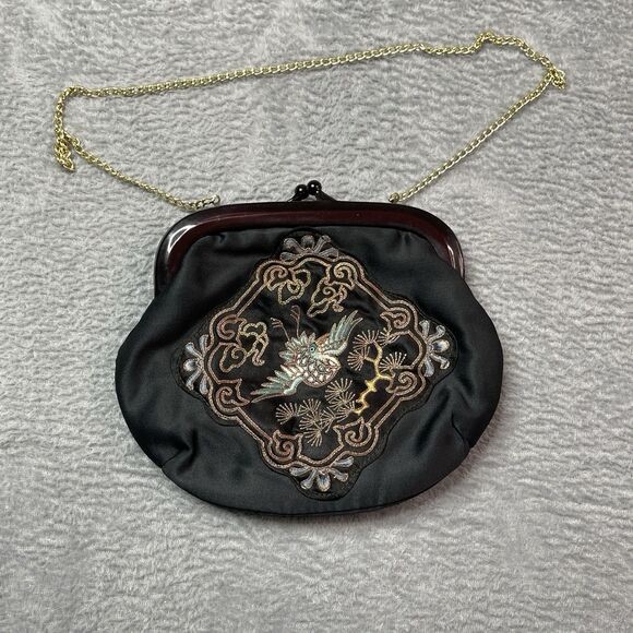 Vintage Black Silk Bag Gold Chain Classy Chic Festival Unique Glamorous Hand Bag - Picture 3 of 8